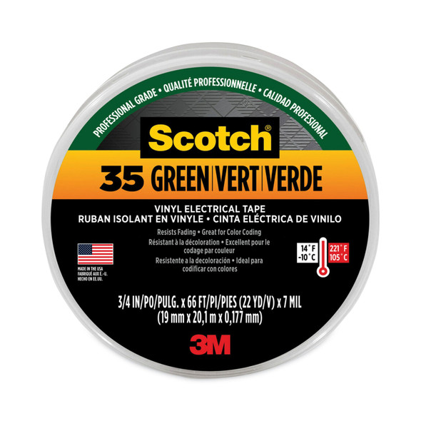 Scotch 35 Vinyl Electrical Color Coding Tape, 3" Core, 0.75" x 66 ft, Green