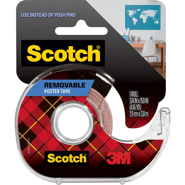 Scotch Removable Poster Tape - 12.50 ft Length x 0.75" Width - 1" Core - Synthetic - Dispenser Included - Handheld Dispenser - For Mount Picture/Poster - 1 / Roll - Clear