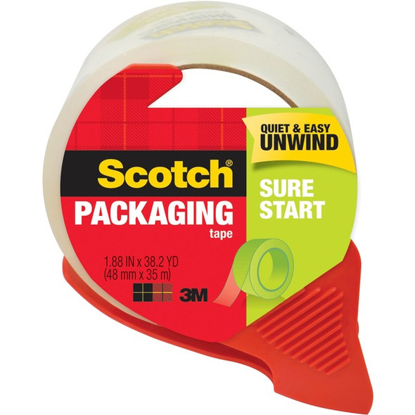 Scotch Sure Start Packaging Tape - 38.20 yd Length x 1.88" Width - 2.6 mil Thickness - 3" Core - Synthetic Rubber Backing - Dispenser Included - Handheld Dispenser - Breakage Resistance - For Mailing, Moving, Packing, Sealing - 1 / Roll - Clear