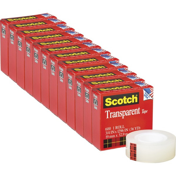 Scotch Transparent Tape - 3/4"W - 36 yd Length x 0.75" Width - 1" Core - Stain Resistant, Moisture Resistant, Long Lasting - For Multipurpose, Mending, Packing, Label Protection, Wrapping - 12 / Pack - Clear