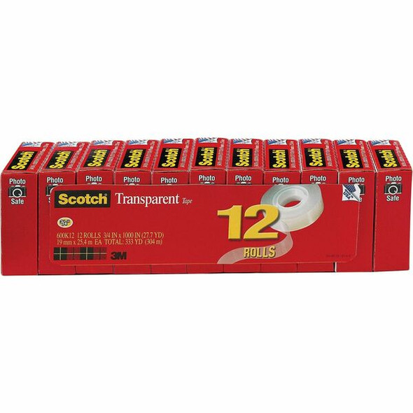 Scotch Transparent Tape - 3/4"W - 27.78 yd Length x 0.75" Width - 1" Core - Moisture Resistant, Stain Resistant, Long Lasting - For Wrapping, Sealing, Mending, Label Protection - 12 / Pack - Clear