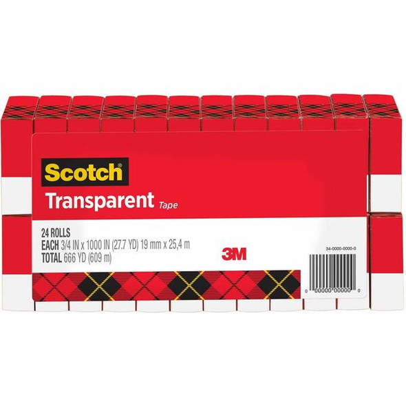 Scotch Transparent Tape - 3/4"W - 27.78 yd Length x 0.75" Width - 1" Core - Long Lasting, Moisture Resistant, Stain Resistant - For Label Protection, Wrapping, Sealing, Mending - 24 / Pack - Clear