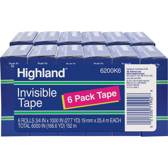 Highland 3/4"W Matte-finish Invisible Tape - 27.78 yd Length x 0.75" Width - 1" Core - For Mending, Holding, Splicing - 12 / Bundle - Matte - Clear