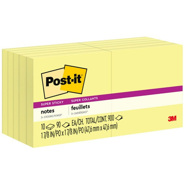 Post-it&reg; Super Sticky Adhesive Notes - 900 - 2" x 2" - Square - 90 Sheets per Pad - Unruled - Yellow - Paper - Self-adhesive - 10 / Pack
