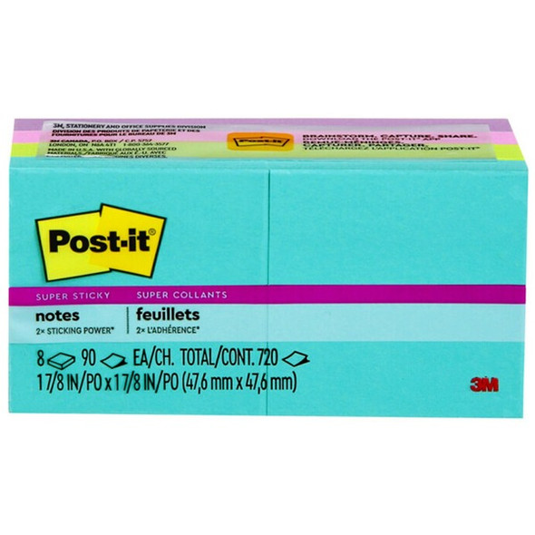 Post-it&reg; Super Sticky Notes - Supernova Neons Color Collection - 720 x Multicolor - 2" x 2" - Rectangle - 90 Sheets per Pad - Aqua Splash, Acid Lime, Tropical Pink, Iris Infusion - Paper - Self-adhesive, Recyclable - 8 / Pack
