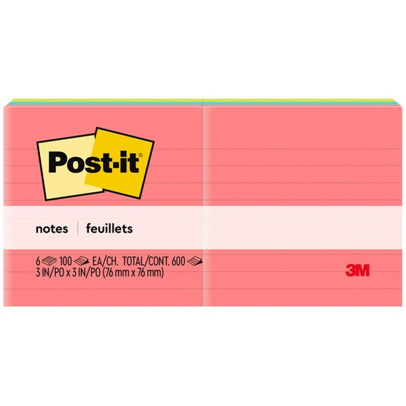Post-it&reg; Lined Notes - Poptimistic Color Collection - 600 - 3" x 3" - Square - 100 Sheets per Pad - Ruled - Pink, Blue, Green - Paper - Self-adhesive, Repositionable - 6 / Pack