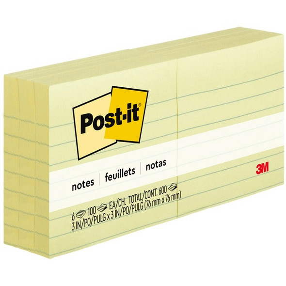 Post-it&reg; Lined Notes - 600 x Canary Yellow - 3" x 3" - Square - 100 Sheets per Pad - Ruled - Yellow - Paper - Self-adhesive, Repositionable, Removable - 6 / Pack