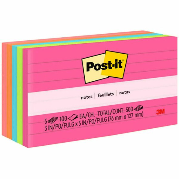 Post-it&reg; Notes Original Lined Notepads - Poptimistic Color Collection - 500 - 3" x 5" - Rectangle - 100 Sheets per Pad - Ruled - Power Pink, Acid Lime, Aqua Splash, Vital Orange, Guava - Paper - Self-adhesive, Repositionable - 5 / Pack