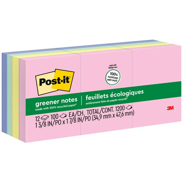Post-it&reg; Greener Notes - 1200 - 1.50" x 2" - Rectangle - 100 Sheets per Pad - Unruled - Positively Pink, Canary Yellow, Fresh Mint, Moonstone - Paper - Self-adhesive, Repositionable - 12 / Pack - Recycled