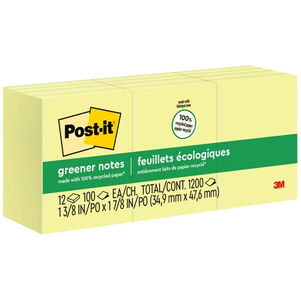 Post-it&reg; Greener Notes - 1200 - 1.50" x 2" - Rectangle - 100 Sheets per Pad - Unruled - Yellow - Paper - Self-adhesive, Repositionable - 12 / Pack - Recycled