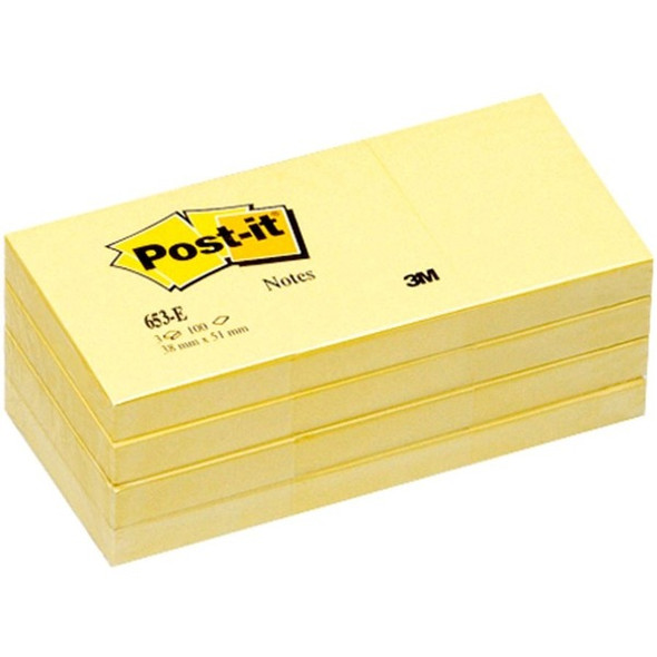 Post-it&reg; Notes Original Notepads - 1.38" x 1.88" - Rectangle - 100 Sheets per Pad - Unruled - Canary Yellow - Paper - Self-adhesive, Repositionable - 24 / Bundle
