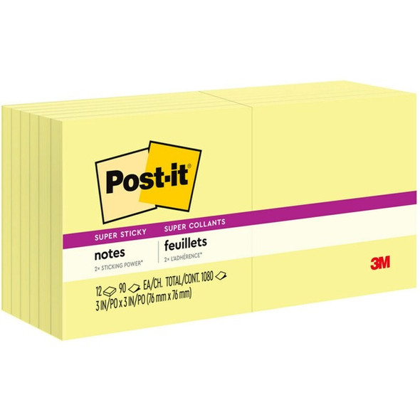 Post-it&reg; Super Sticky Notes - 1080 - 3" x 3" - Square - 90 Sheets per Pad - Unruled - Canary Yellow - Paper - Self-adhesive - 12 / Pack