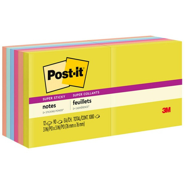 Post-it&reg; Super Sticky Note Pads - Summer Joy Color Collection - 3" x 3" - Square - 90 Sheets per Pad - Citron, Papaya Fizz, Power Pink, Washed Denim, Fresh Mint - Sticky, Recyclable - 1 Pack