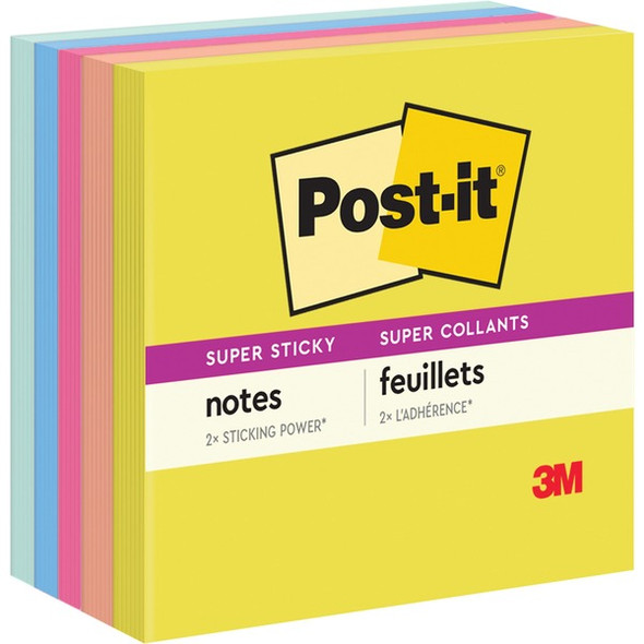 Post-it&reg; Super Sticky Note Pads - Summer Joy Color Collection - 3" x 3" - Square - 90 Sheets per Pad - Citron, Papaya Fizz, Power Pink, Washed Denim, Fresh Mint - Sticky, Recyclable - 1 Pack