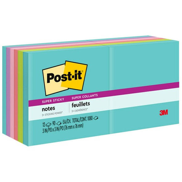 Post-it&reg; Super Sticky Notes - Supernova Neons Color Collection - 1080 x Multicolor - 3" x 3" - Rectangle - 90 Sheets per Pad - Aqua Splash, Tropical Pink, Acid Lime, Guava, Iris Infusion - Paper - Self-adhesive, Recyclable - 12 / Pack