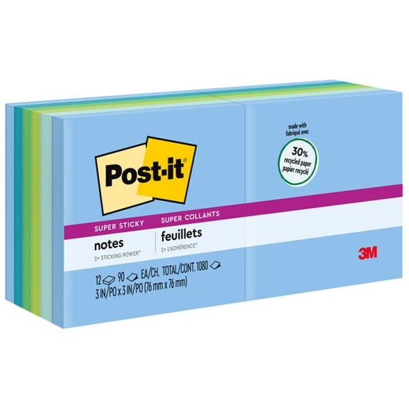 Post-it&reg; Super Sticky Recycled Notes - Oasis Color Collection - 1080 - 3" x 3" - Square - 90 Sheets per Pad - Unruled - Washed Denim, Fresh Mint, Limeade, Lucky Green, Sea Glass - Paper - Self-adhesive - 12 / Pack - Recycled