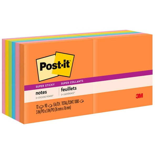 Post-it&reg; Super Sticky Notes - Energy Boost Color Collection - 1080 - 3" x 3" - Square - 90 Sheets per Pad - Unruled - Vital Orange, Tropical Pink, Sunnyside, Blue Paradise, Limeade - Paper - Self-adhesive - 12 / Pack