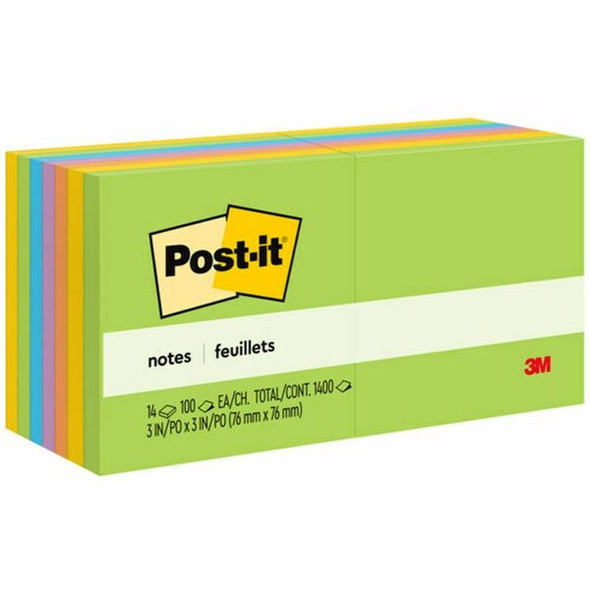 Post-it&reg; Notes - Floral Fantasy Color Collection - 1400 - 3" x 3" - Square - 100 Sheets per Pad - Unruled - Limeade, Citron, Iris Infusion, Positively Pink, Blue Paradise - Paper - Self-adhesive, Repositionable - 14 / Pack
