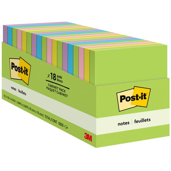 Post-it&reg; Notes Cabinet Pack - Floral Fantasy Color Collection - 1800 x Assorted - 3" x 3" - Square - 100 Sheets per Pad - Unruled - Limeade, Citron, Positively Pink, Iris Infusion, Blue Paradise - Paper - Repositionable, Self-adhesive - 18 / Pack