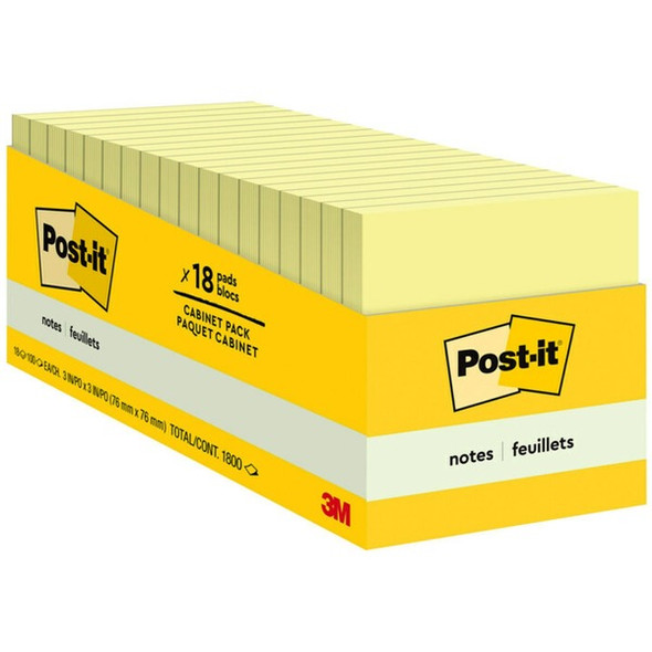 Post-it&reg; Notes Cabinet Pack - 1620 - 3" x 3" - Square - 90 Sheets per Pad - Unruled - Canary Yellow - Paper - Self-adhesive, Repositionable - 18 / Pack