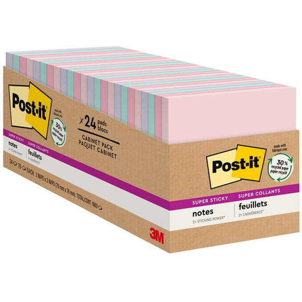 Post-it&reg; Super Sticky Notes Cabinet Pack - Wanderlust Pastels Color Collection - 1680 - 3" x 3" - Square - 70 Sheets per Pad - Unruled - Pink Salt, Positively Pink, Orchid Frost, Fresh Mint - Paper - Repositionable - 24 / Pack - Recycled