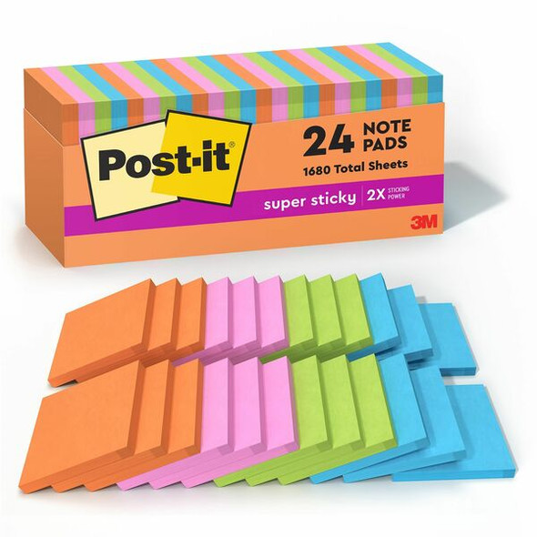Post-it&reg; Super Sticky Notes - Energy Boost Color Collection - 1680 x Multicolor - 3" x 3" - Square - 70 Sheets per Pad - Vital Orange, Tropical Pink, Sunnyside, Blue Paradise, Limeade - Paper - Self-adhesive, Recyclable - 24 / Pack