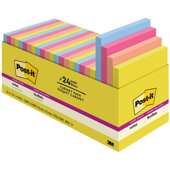 Post-it&reg; Super Sticky Notes - 3" x 3" - Square - 70 Sheets per Pad - Summer Joy - Recyclable, Self-adhesive - 24 / Pack