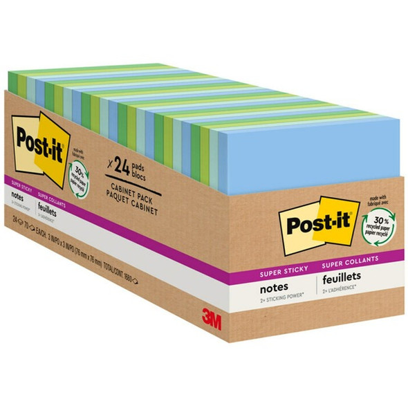 Post-it&reg; Super Sticky Notes Cabinet Pack - Oasis Color Collection - 1680 - 3" x 3" - Square - 70 Sheets per Pad - Unruled - Washed Denim, Fresh Mint, Limeade, Lucky Green - Paper - Repositionable, Self-adhesive - 24 / Pack - Recycled