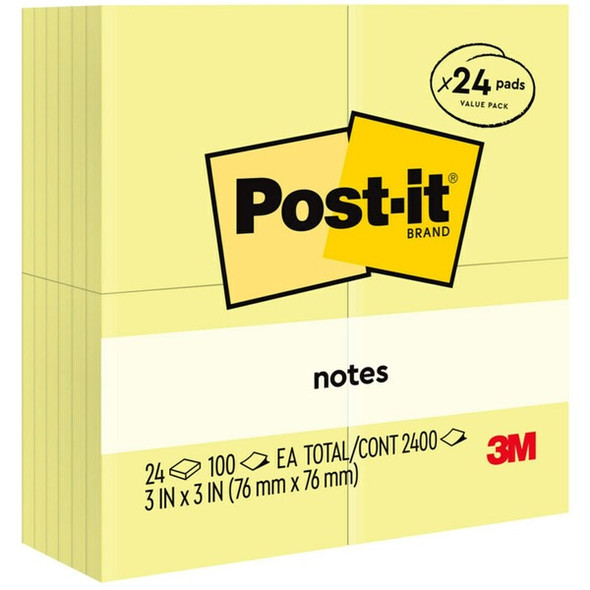Post-it&reg; Notes Value Pack - 100 - 3" x 3" - Square - Unruled - Canary - Self-adhesive - 5 / Pack