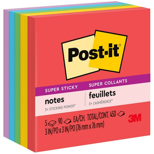 Post-it&reg; Super Sticky Notes - Playful Primaries Color Collection - 450 - 3" x 3" - Square - 90 Sheets per Pad - Unruled - Candy Apple Red, Sunnyside, Lucky Green, Blue Paradise, Iris Infusion - Paper - Self-adhesive - 5 / Pack