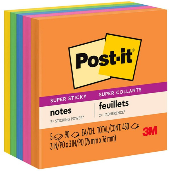 Post-it&reg; Super Sticky Notes - Energy Boost Color Collection - 450 - 3" x 3" - Square - 90 Sheets per Pad - Unruled - Vital Orange, Tropical Pink, Sunnyside, Blue Paradise, Limeade - Paper - Self-adhesive - 5 / Pack