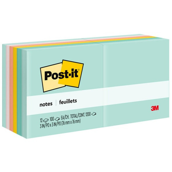 Post-it&reg; Notes - Beachside Caf&eacute; Color Collection - 1200 - 3" x 3" - Square - 100 Sheets per Pad - Unruled - Fresh Mint, Aqua Splash, Sunnyside, Papaya Fizz, Guava - Paper - Self-adhesive, Repositionable - 12 / Pack