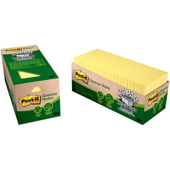 Post-it&reg; Greener Notes Cabinet Pack - 1800 - 3" x 3" - Square - 75 Sheets per Pad - Unruled - Canary Yellow - Paper - Self-adhesive, Repositionable - 24 / Pack - Recycled