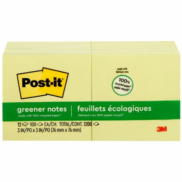 Post-it&reg; Greener Notes - 1200 - 3" x 3" - Square - 100 Sheets per Pad - Unruled - Canary Yellow - Paper - Self-adhesive, Repositionable - 216 / Pack - Recycled