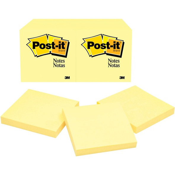 Post-it&reg; Notes Original Notepads - 3" x 3" - Square - 100 Sheets per Pad - Unruled - Canary Yellow - Paper - Self-adhesive, Repositionable - 24 / Bundle
