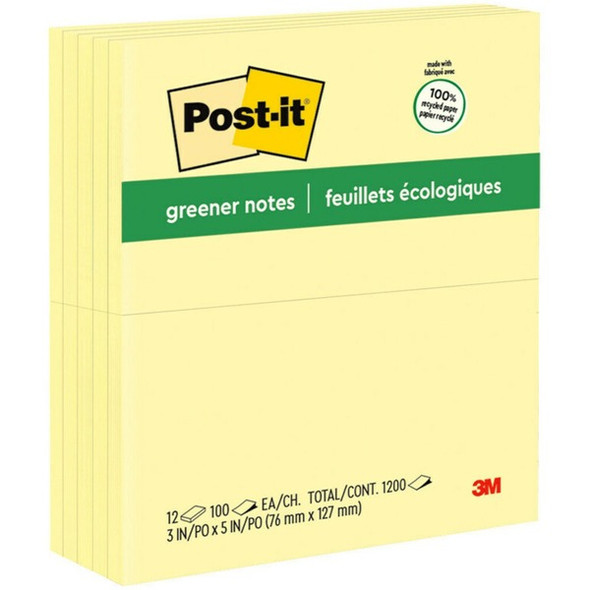 Post-it&reg; Greener Notes - 1200 - 3" x 5" - Rectangle - 100 Sheets per Pad - Unruled - Canary Yellow - Paper - Self-adhesive, Repositionable - 12 / Pack - Recycled