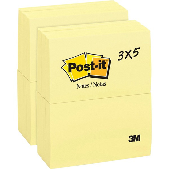 Post-it&reg; Notes Original Notepads - 3" x 5" - Rectangle - 100 Sheets per Pad - Unruled - Canary Yellow - Paper - Self-adhesive, Repositionable - 24 / Bundle