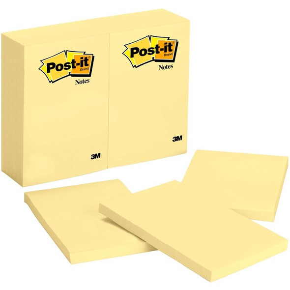 Post-it&reg; Notes Original Notepads - 4" x 6" - Rectangle - 100 Sheets per Pad - Unruled - Canary Yellow - Paper - Self-adhesive, Repositionable - 12 / Pack