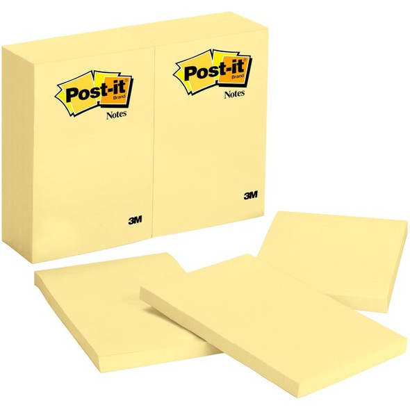 Post-it&reg; Notes Original Notepads - 4" x 6" - Rectangle - 100 Sheets per Pad - Unruled - Canary Yellow - Paper - Self-adhesive, Repositionable - 24 / Bundle