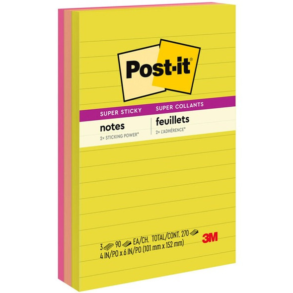 Post-it&reg; Super Sticky Multi-Pack Notes - Summer Joy Color Collection - 4" x 6" - Rectangle - 90 Sheets per Pad - Citron, Papaya Fizz, Power Pink, Washed Denim, Fresh Mint - Sticky, Recyclable - 1 Pack