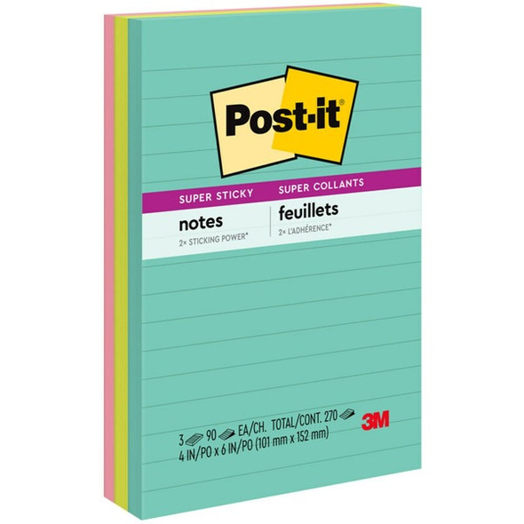 Post-it&reg; Super Sticky Notes - Supernova Neons Color Collection - 270 x Multicolor - 4" x 6" - Rectangle - 90 Sheets per Pad - Ruled - Aqua Splash, Acid Lime, Guava - Paper - Self-adhesive, Recyclable - 3 / Pack
