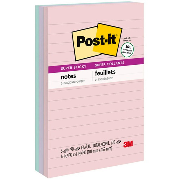 Post-it&reg; Super Sticky Lined Recycled Notes - Wanderlust Pastels Color Collection - 270 - 4" x 6" - Rectangle - 90 Sheets per Pad - Ruled - Pink Salt, Orchid Frost, Fresh Mint - Paper - 3 / Pack - Recycled