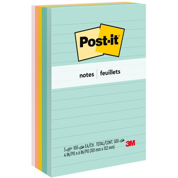 Post-it&reg; Lined Notes - Beachside Caf&eacute; Color Collection - 500 x Assorted Pastel - 4" x 6" - Rectangle - 100 Sheets per Pad - Ruled - Fresh Mint, Aqua Splash, Sunnyside, Papaya Fizz, Guava - Paper - Self-adhesive, Repositionable - 500 / Pack