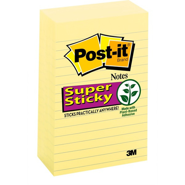 Post-it&reg; Super Sticky Lined Notes - 450 - 4" x 6" - Rectangle - 90 Sheets per Pad - Ruled - Canary Yellow - Paper - Self-adhesive - 5 / Pack