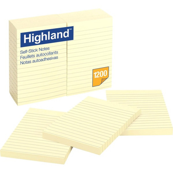 Highland Self-sticking Lined Notepads - 1200 - 4" x 6" - Rectangle - 100 Sheets per Pad - Ruled - Yellow - Paper - Self-adhesive - 12 / Pack