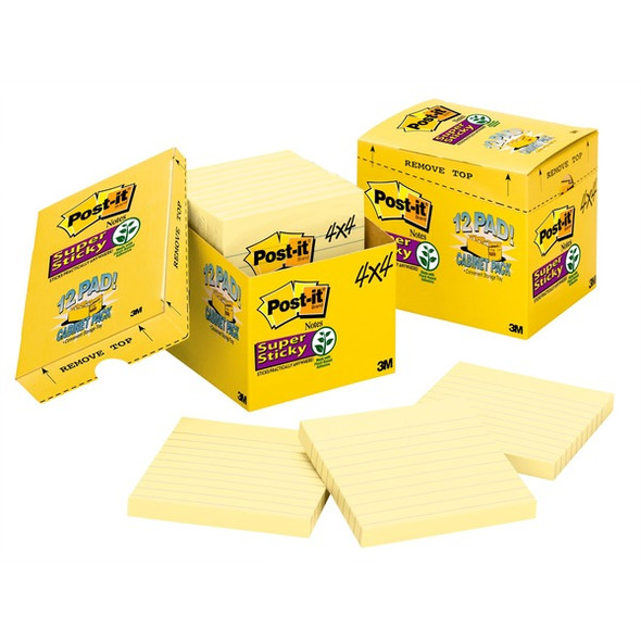 Post-it&reg; Super Sticky Lined Notes Cabinet Pack - 1080 - 4" x 4" - Square - 90 Sheets per Pad - Ruled - Canary Yellow - Paper - Self-adhesive, Repositionable - 12 / Pack