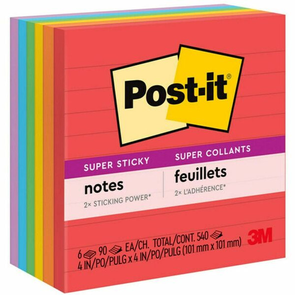 Post-it&reg; Super Sticky Lined Notes - Playful Primaries Color Collection - 540 - 4" x 4" - Square - 90 Sheets per Pad - Ruled - Candy Apple Red, Vital Orange, Lucky Green, Sunnyside, Blue Paradise, Iris Infusion - Paper - Self-adhesive - 6 / Pack