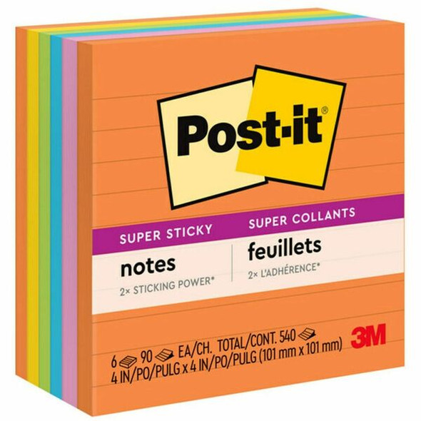 Post-it&reg; Super Sticky Lined Notes - Energy Boost Color Collection - 540 - 4" x 4" - Square - 90 Sheets per Pad - Ruled - Vital Orange, Tropical Pink, Blue Paradise, Limeade, Sunnyside - Paper - Self-adhesive - 6 / Pack