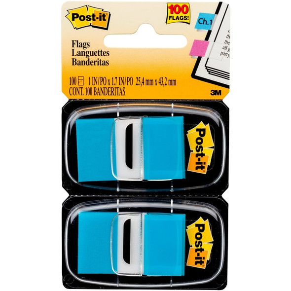 Post-it&reg; Flags - 100 x Bright Blue - 1" x 1.75" - Rectangle - Blue - Removable, Self-adhesive - 100 / Pack