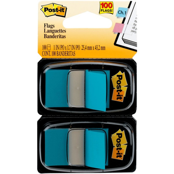 Post-it&reg; Flags - 100 x Blue - 1" x 1.75" - Rectangle - Unruled - Blue - Removable, Tab - 100 / Pack